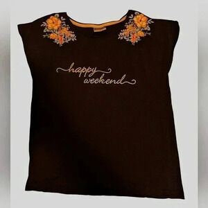 BELOVED Cotton Womens T-Shirt Navy color with flower Soft Casual SZ M